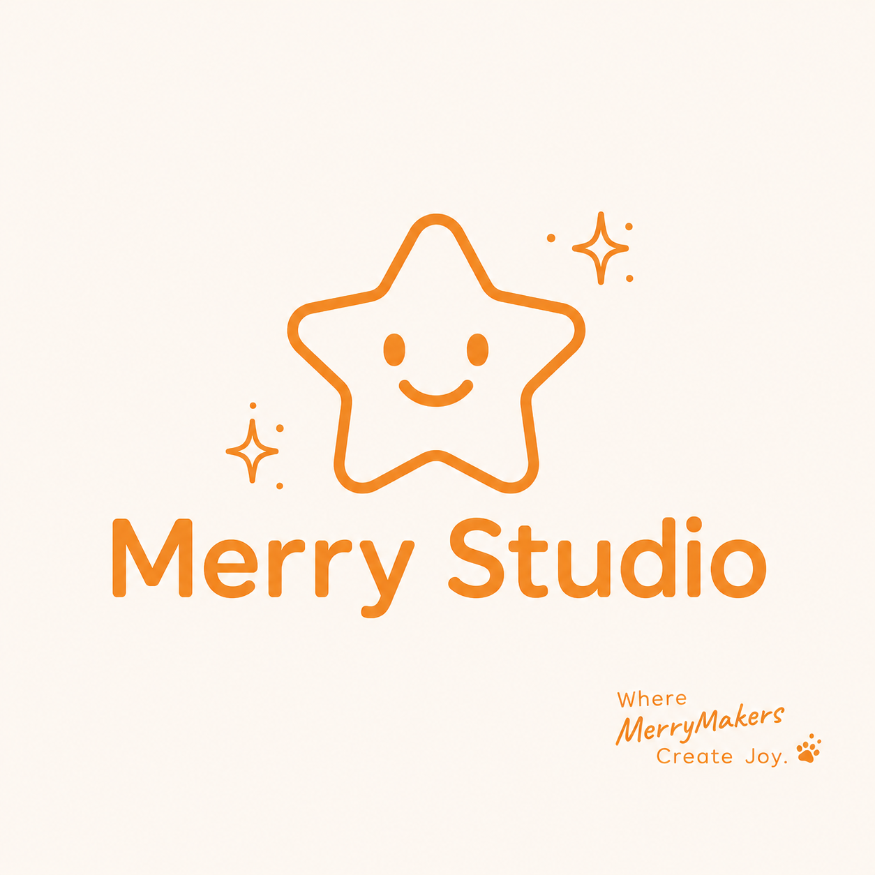Merry Studio 웃는 별 로고와 Where MerryMakers Create Joy 슬로건